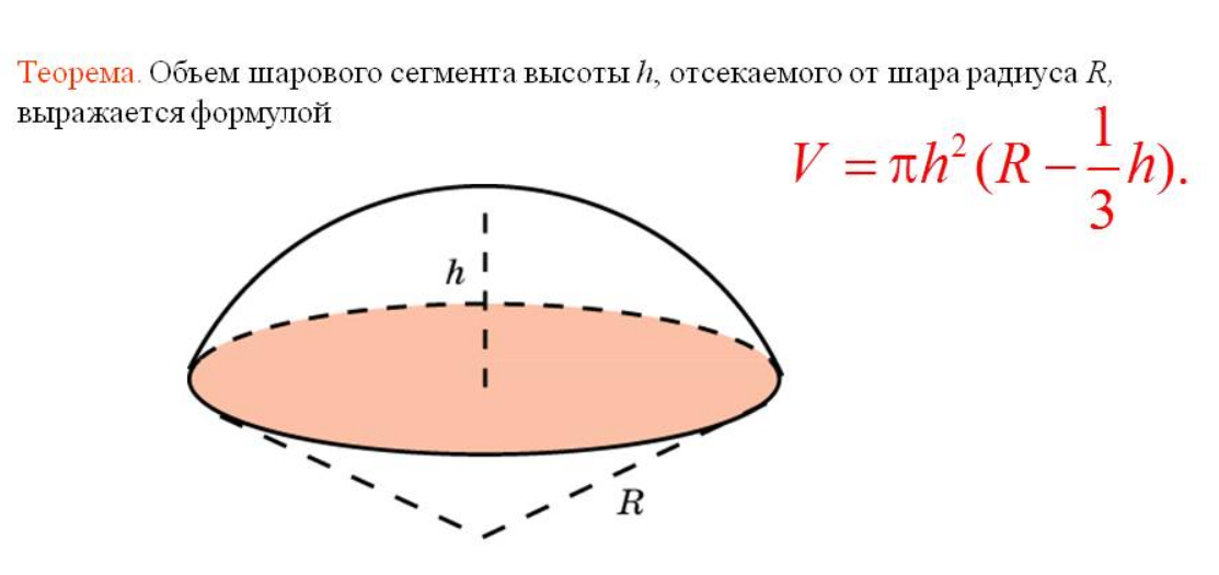 Площадь шарового сегмента равна. Объём сегмента шара формула. Объем шарового сегмента формула. Объем меньшего шарового сегмента формула. Формула расчета объема шаровом сегменте.